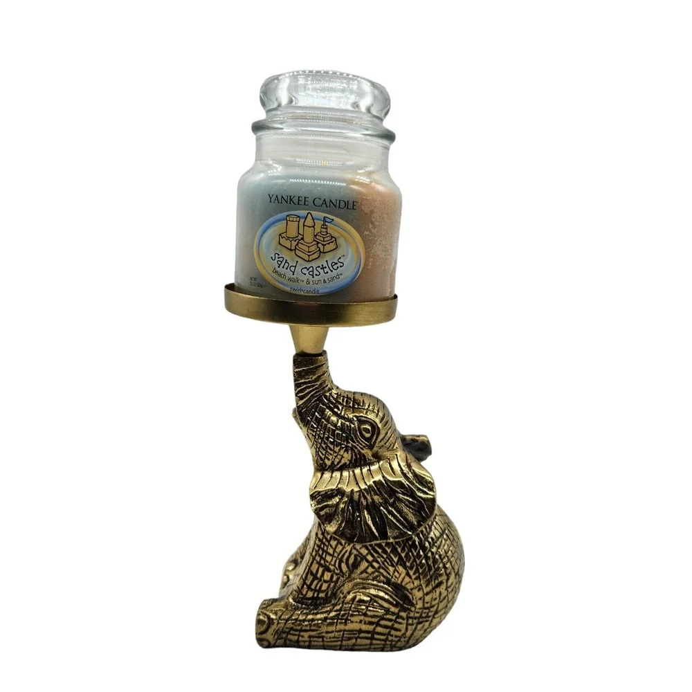 Brass Gold Tone Sitting Elephant Trunk Up Pillar Candle Holder Lucky Safari 9